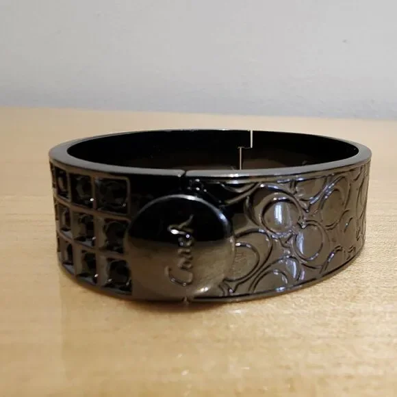 Coach Hinged Signature C and Black Crystal Bangle Bracelet - Picture 3 of 12